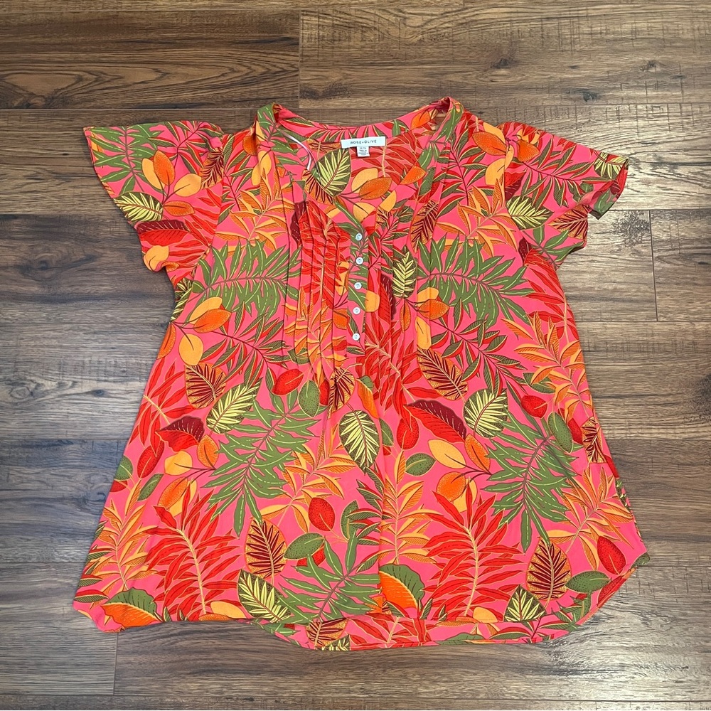 Rose & Olive Colourful Tropical Short Sleeve Blouse 1X Boho Lightweight Button